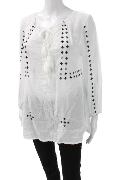 India Collection Womens Tunic Blouse White Cotton Henley Long Sleeve Size XS