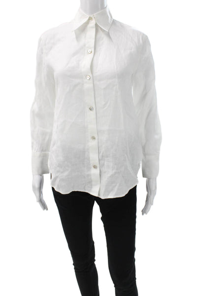 Vince Camuto Women Linen Collared Long Sleeve Button-Up White Petite Size XS