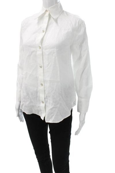 Vince Camuto Women Linen Collared Long Sleeve Button-Up White Petite Size XS