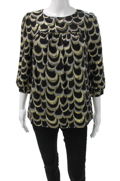Loeffler Randall Women Black Geometric Silk Blouse Round Neck 3/4 Sleeve Size 2