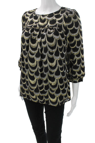 Loeffler Randall Women Black Geometric Silk Blouse Round Neck 3/4 Sleeve Size 2