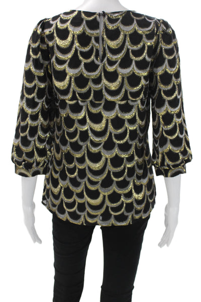 Loeffler Randall Women Black Geometric Silk Blouse Round Neck 3/4 Sleeve Size 2