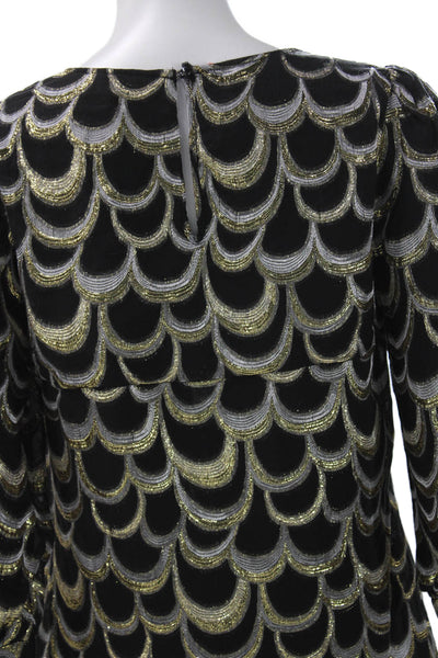 Loeffler Randall Women Black Geometric Silk Blouse Round Neck 3/4 Sleeve Size 2