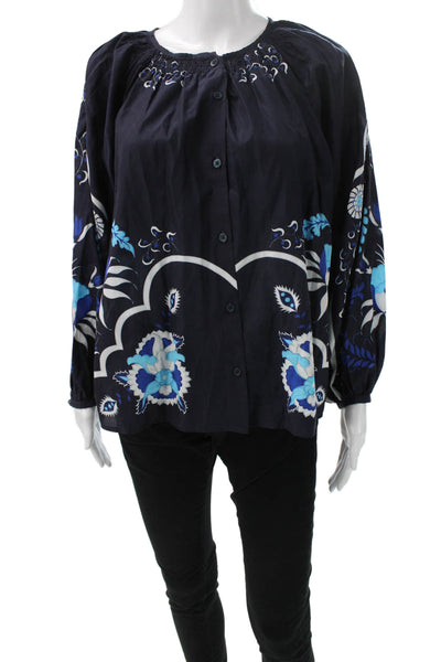 Tucker Womens Blouse Blue Floral Silk Cotton Blend Long Sleeve Size 2XS