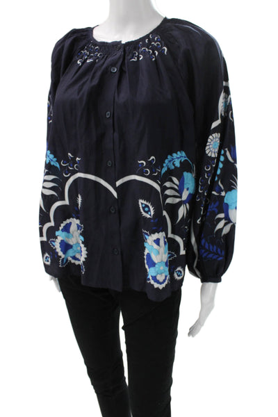 Tucker Womens Blouse Blue Floral Silk Cotton Blend Long Sleeve Size 2XS
