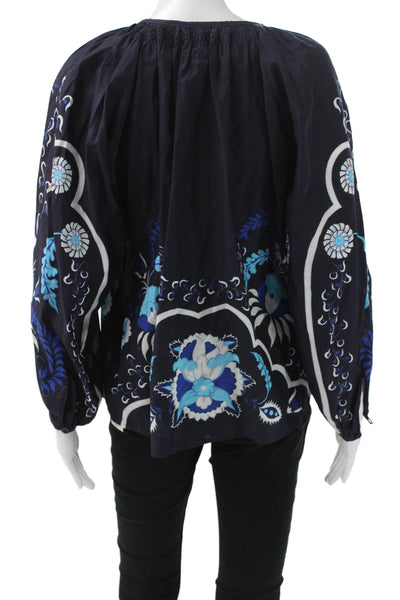 Tucker Womens Blouse Blue Floral Silk Cotton Blend Long Sleeve Size 2XS