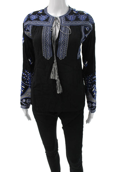 Misa Women Tunic Blouse V-Neck Floral Black Viscose Long Sleeve Size XS