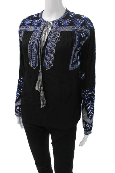 Misa Women Tunic Blouse V-Neck Floral Black Viscose Long Sleeve Size XS