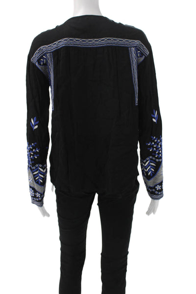 Misa Women Tunic Blouse V-Neck Floral Black Viscose Long Sleeve Size XS