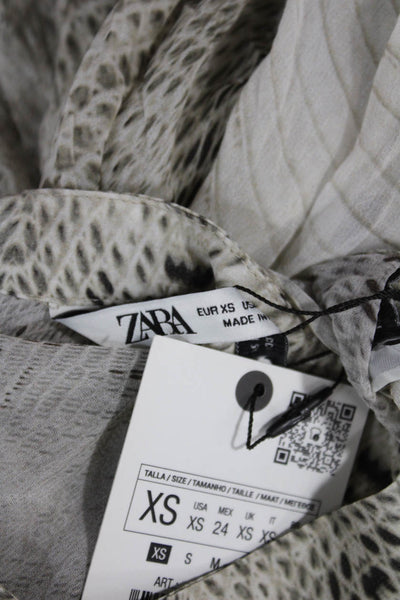 Zara Women Animal Print Collared Long Sleeve Blouse White Button Size XS