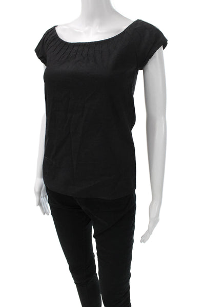 Theory Womens Black Linen Blend Boat Neck Short Sleeve Basic Blouse Size S