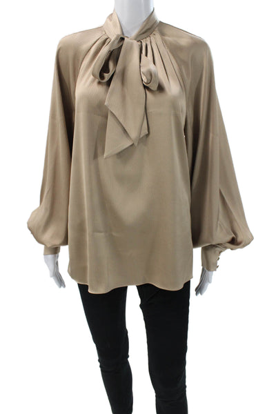 Trina Turk Women Beige High Neck Long Sleeve Blouse Size L