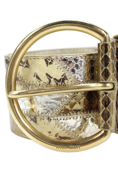 Miu Miu Womens Leather Snakeskin Print Wide Belt Gold Silver Size 32