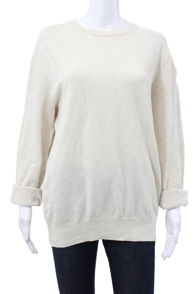 J Crew Women Pullover Beige Long Sleeve Crew Neck 100% Cotton Size L