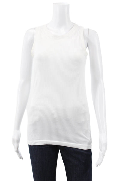Athleta Women Basic White Striped Sleeveless Tank Crew Neck Polyester Size S
