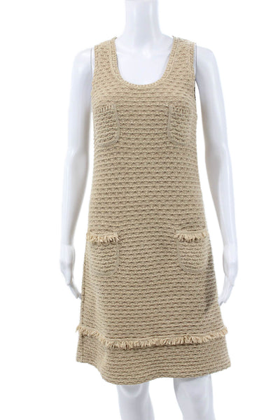Lil Womens Shift Dress Beige Cotton Scoop Neck Sleeveless Knee Length Size 38