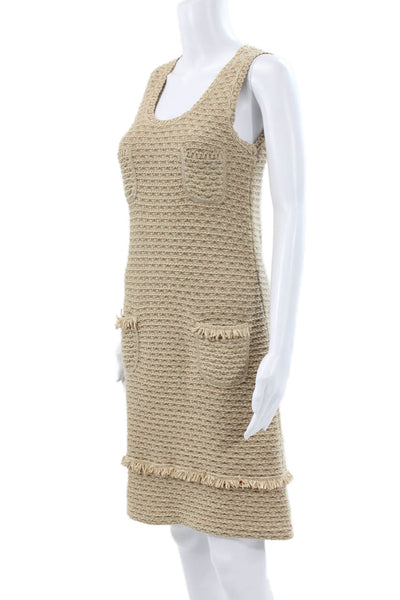 Lil Womens Shift Dress Beige Cotton Scoop Neck Sleeveless Knee Length Size 38