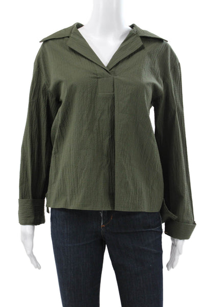 Zara Womens Green V-Neck Long Sleeve Basic Blouse 99% Cotton Size S