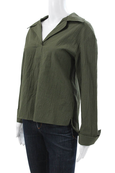 Zara Womens Green V-Neck Long Sleeve Basic Blouse 99% Cotton Size S
