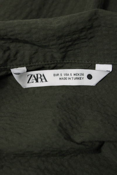 Zara Womens Green V-Neck Long Sleeve Basic Blouse 99% Cotton Size S