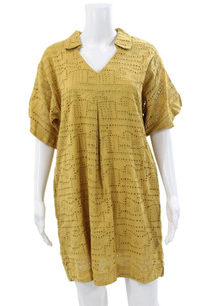Mirth Women Kaftan Dress Yellow Cotton Geometric Short Sleeve Size XS