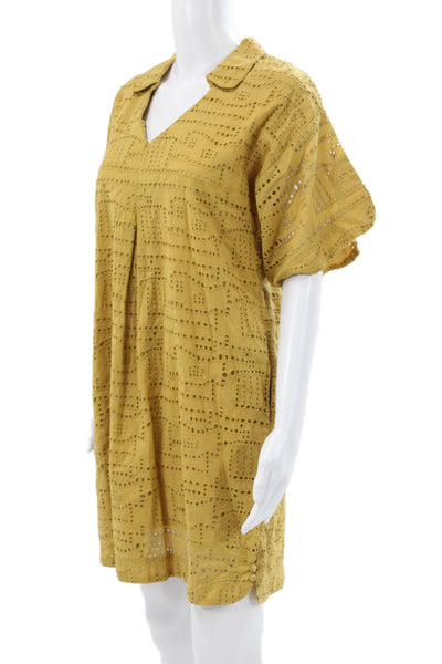 Mirth Women Kaftan Dress Yellow Cotton Geometric Short Sleeve Size XS