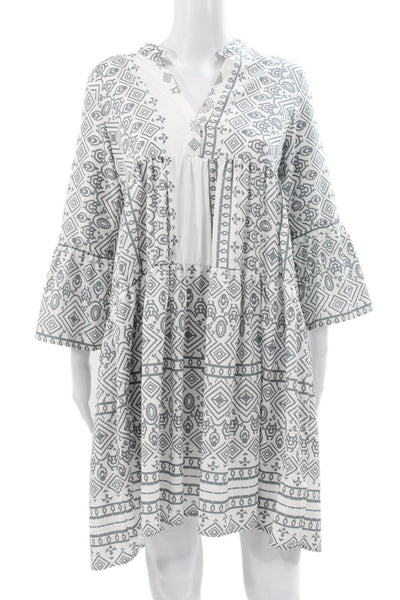Miss Look Women White Geometric Collared Long-Sleeve Button-Up Dress Size S