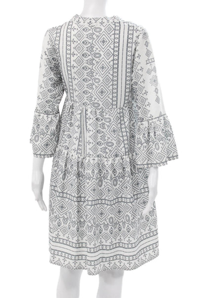 Miss Look Women White Geometric Collared Long-Sleeve Button-Up Dress Size S