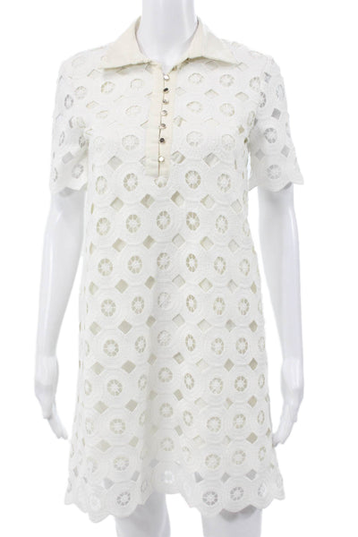 Zara Womens Shift Dress White Cotton Short Sleeve Geometric Button Size XS