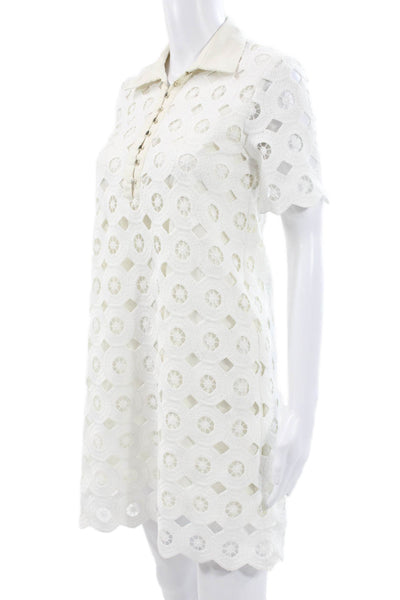 Zara Womens Shift Dress White Cotton Short Sleeve Geometric Button Size XS