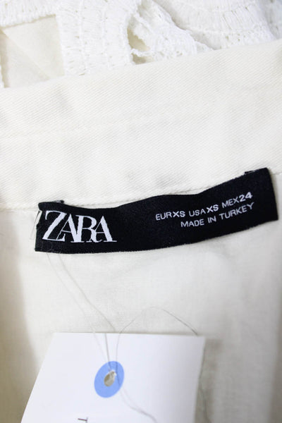 Zara Womens Shift Dress White Cotton Short Sleeve Geometric Button Size XS