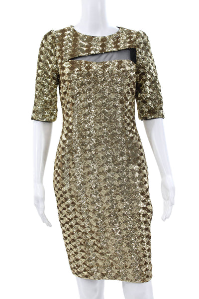 Badgley Mischka Women Gold Sequin Sheath Short Sleeve Dress Size 4