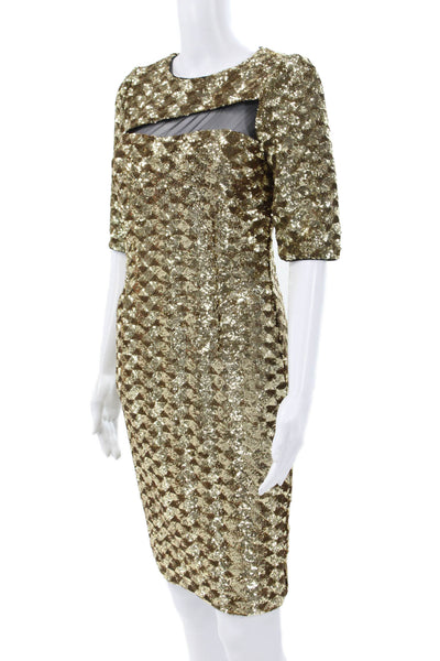 Badgley Mischka Women Gold Sequin Sheath Short Sleeve Dress Size 4