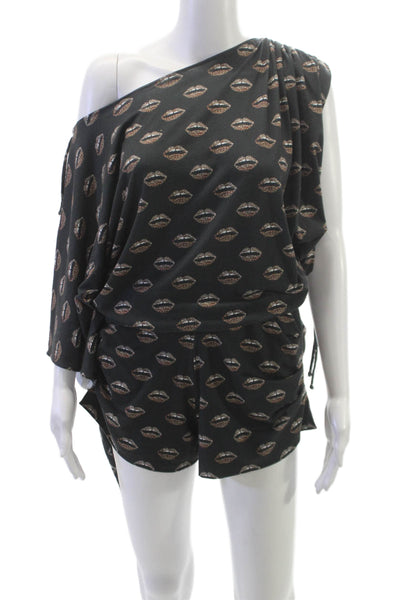 Las Surenas Womens Black Animal Print One Shoulder Romper Size M