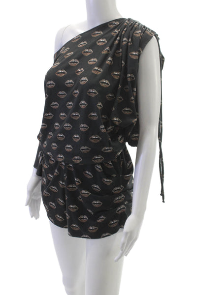 Las Surenas Womens Black Animal Print One Shoulder Romper Size M
