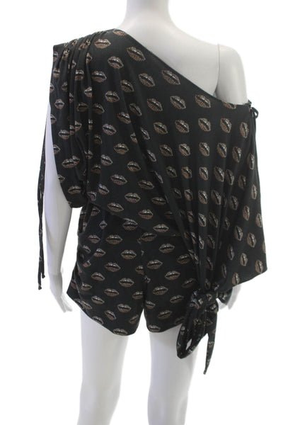 Las Surenas Womens Black Animal Print One Shoulder Romper Size M