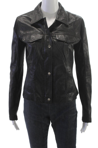 Anatomie Womens Basic Leather Jacket Black Button Long Sleeve Size S