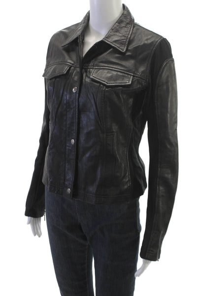 Anatomie Womens Basic Leather Jacket Black Button Long Sleeve Size S