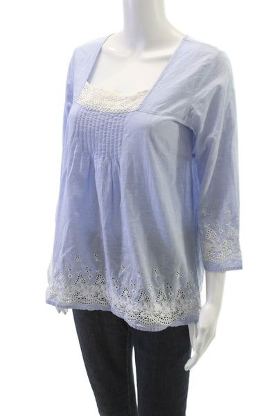 Roberta Roller Rabbit Women Tunic Blue Cotton Square Neck 3/4 Sleeve Size M