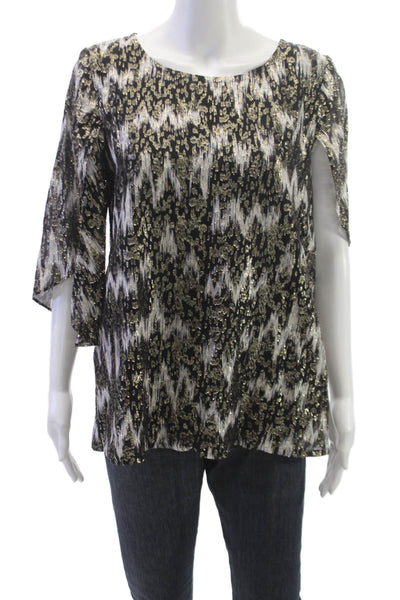 Figue Womens Black Geometric Basic Round Neck 3/4 Sleeve Blouse Size M