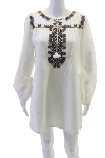 Figue Womens Ivory Geometric V-Neck Shift Dress Long Sleeve Size S