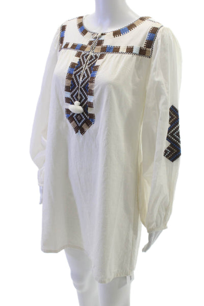 Figue Womens Ivory Geometric V-Neck Shift Dress Long Sleeve Size S
