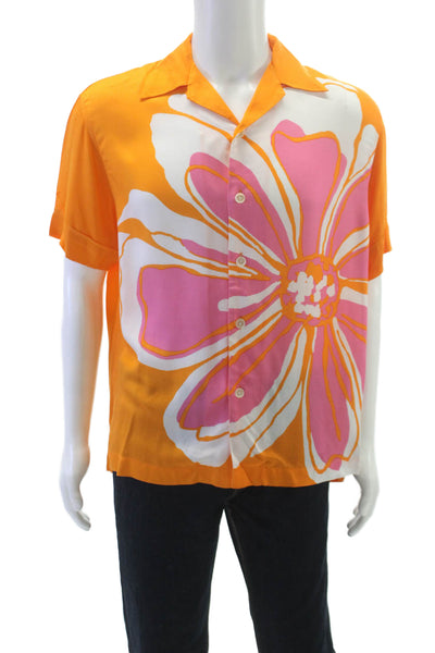 Zara Mens Floral Print Button Down Shirt Orange Pink Size Small