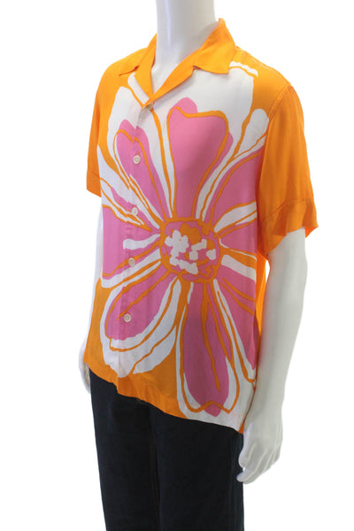 Zara Mens Floral Print Button Down Shirt Orange Pink Size Small