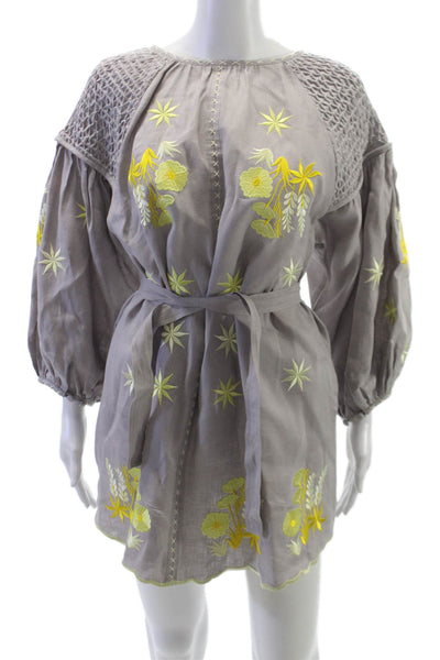 Innika Choo Womens Shift Dress Gray Linen Floral Long Sleeve Size S