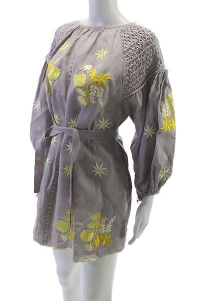 Innika Choo Womens Shift Dress Gray Linen Floral Long Sleeve Size S