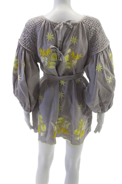 Innika Choo Womens Shift Dress Gray Linen Floral Long Sleeve Size S