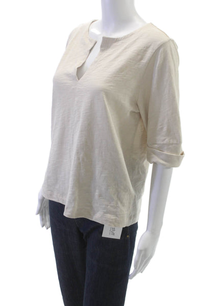 Lilla P Women Basic T-Shirt V-Neck Beige Cotton 3/4 Sleeve Size M