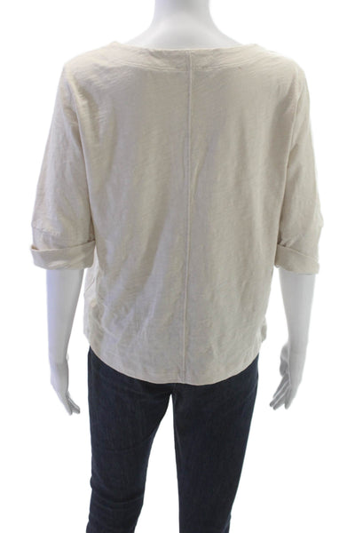 Lilla P Women Basic T-Shirt V-Neck Beige Cotton 3/4 Sleeve Size M