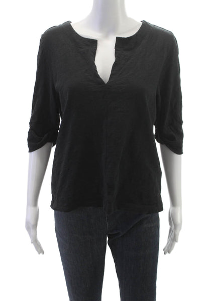 Lilla P Womens Basic V-Neck 3/4 Sleeve Cotton Blouse Black Size M